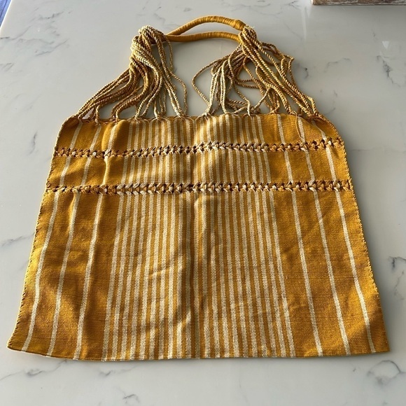 Handbags - mustard and cream woven tote bag